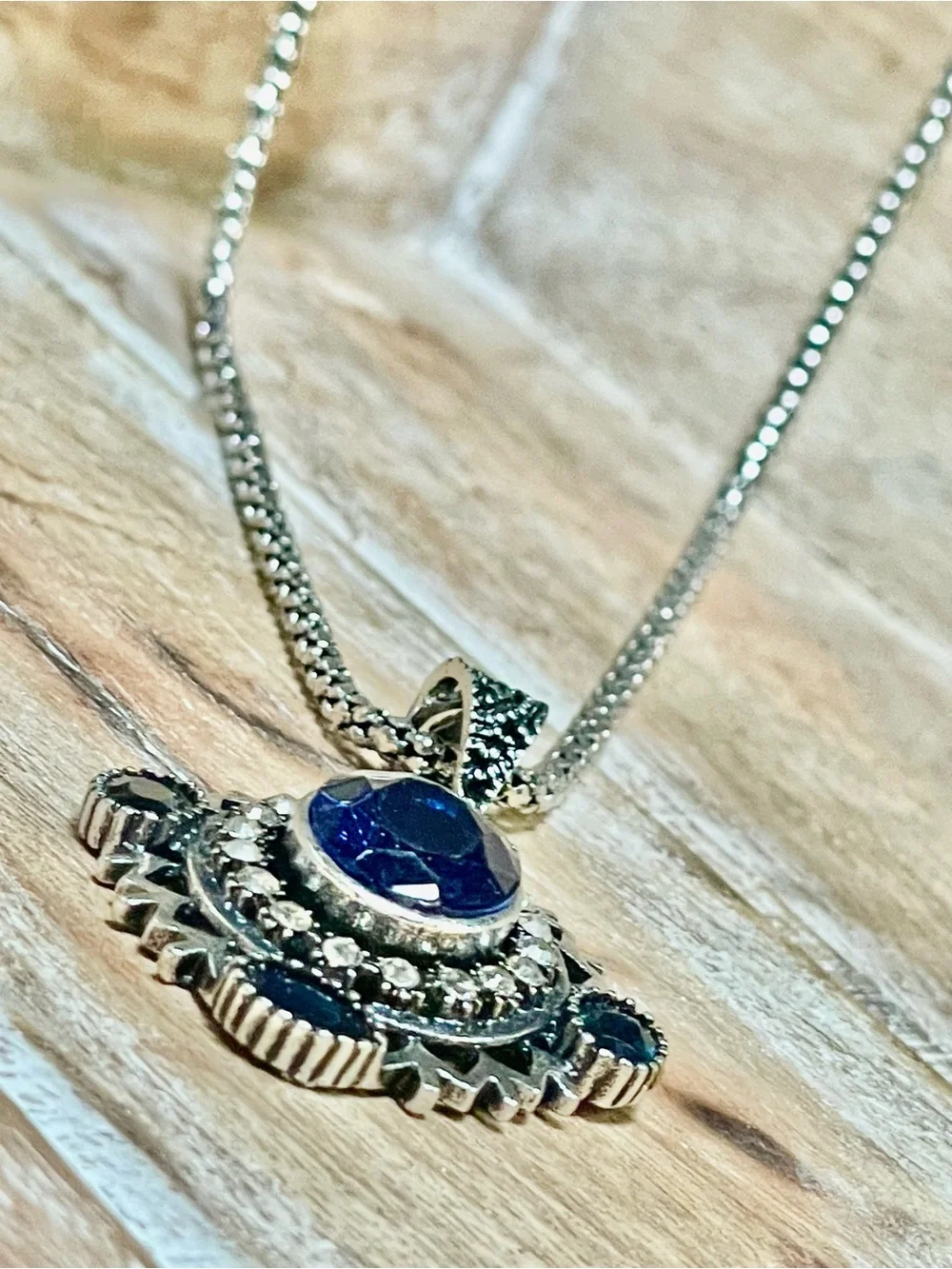 Silver Necklace with Deep Sapphire Blue Crystal Pendant